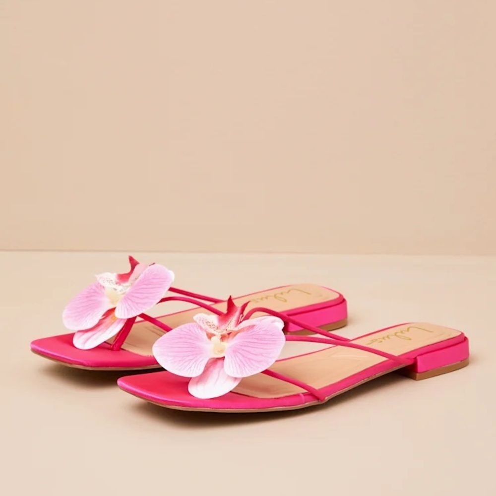 Florra Hot Pink Satin Floral Applique Low Heel Slide Sandals